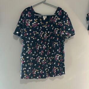 Terra & Sky Blue Floral Short Sleeve Blouse